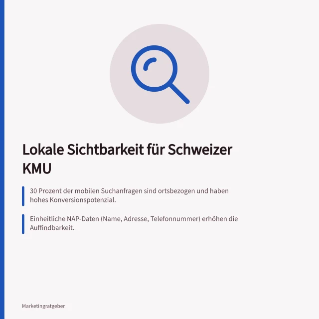 Lokale Sichtbarkeit für Schweizer KMU: 30 Prozent der mobilen Suchanfragen sind ortsbezogen und haben hohes Konversionspotenzial.; Einheitliche NAP-Daten (Name, Adresse, Telefonnummer) erhöhen die Auffindbarkeit.; local.ch und search.ch sind wichtige Schweizer Unternehmensverzeichnisse mit Öffnungszeiten. Lokale Sichtbarkeit Schweiz: Google-Einträge, Verzeichnisse und Datenquellen