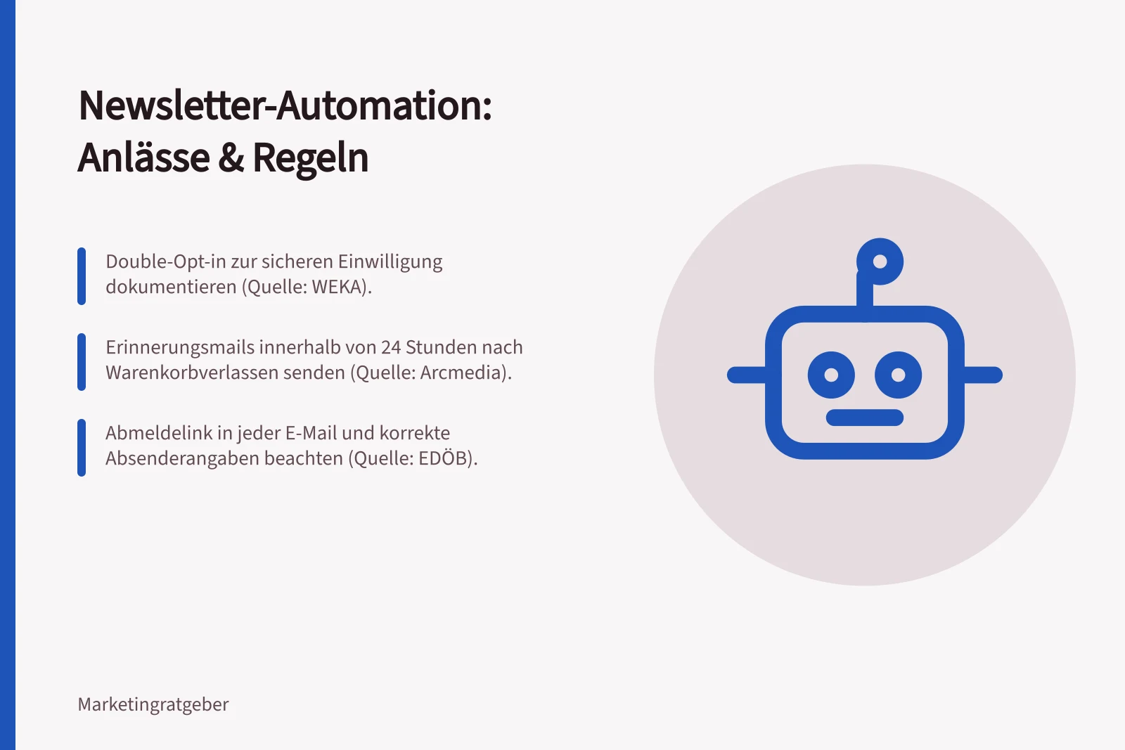 Newsletter-Automation: Anlässe & Regeln: Double-Opt-in zur sicheren Einwilligung dokumentieren (Quelle: WEKA).; Erinnerungsmails innerhalb von 24 Stunden nach Warenkorbverlassen senden (Quelle: Arcmedia).; Abmeldelink in jeder E-Mail und korrekte Absenderangaben beachten (Quelle: EDÖB).
