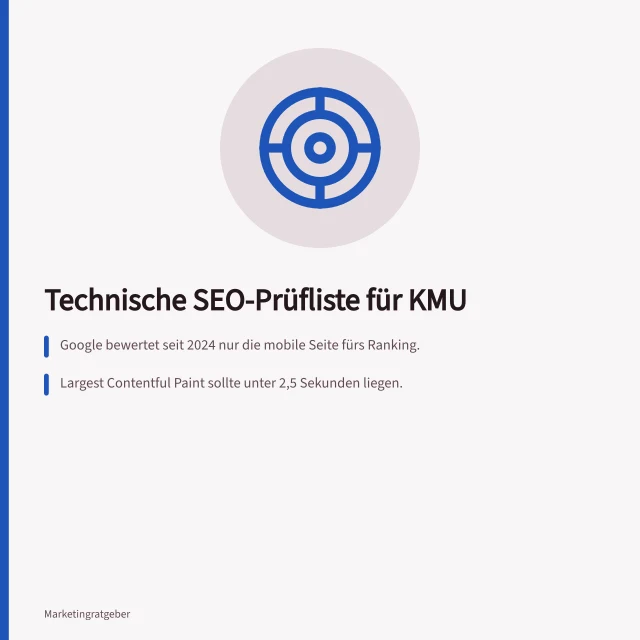 Technische SEO-Prüfliste für KMU: Google bewertet seit 2024 nur die mobile Seite fürs Ranking.; Largest Contentful Paint sollte unter 2,5 Sekunden liegen.; Robots.txt darf keine wichtigen mobilen Ressourcen blockieren. Technische SEO-Prüfliste für KMU-Websites: Was zuerst prüfen?