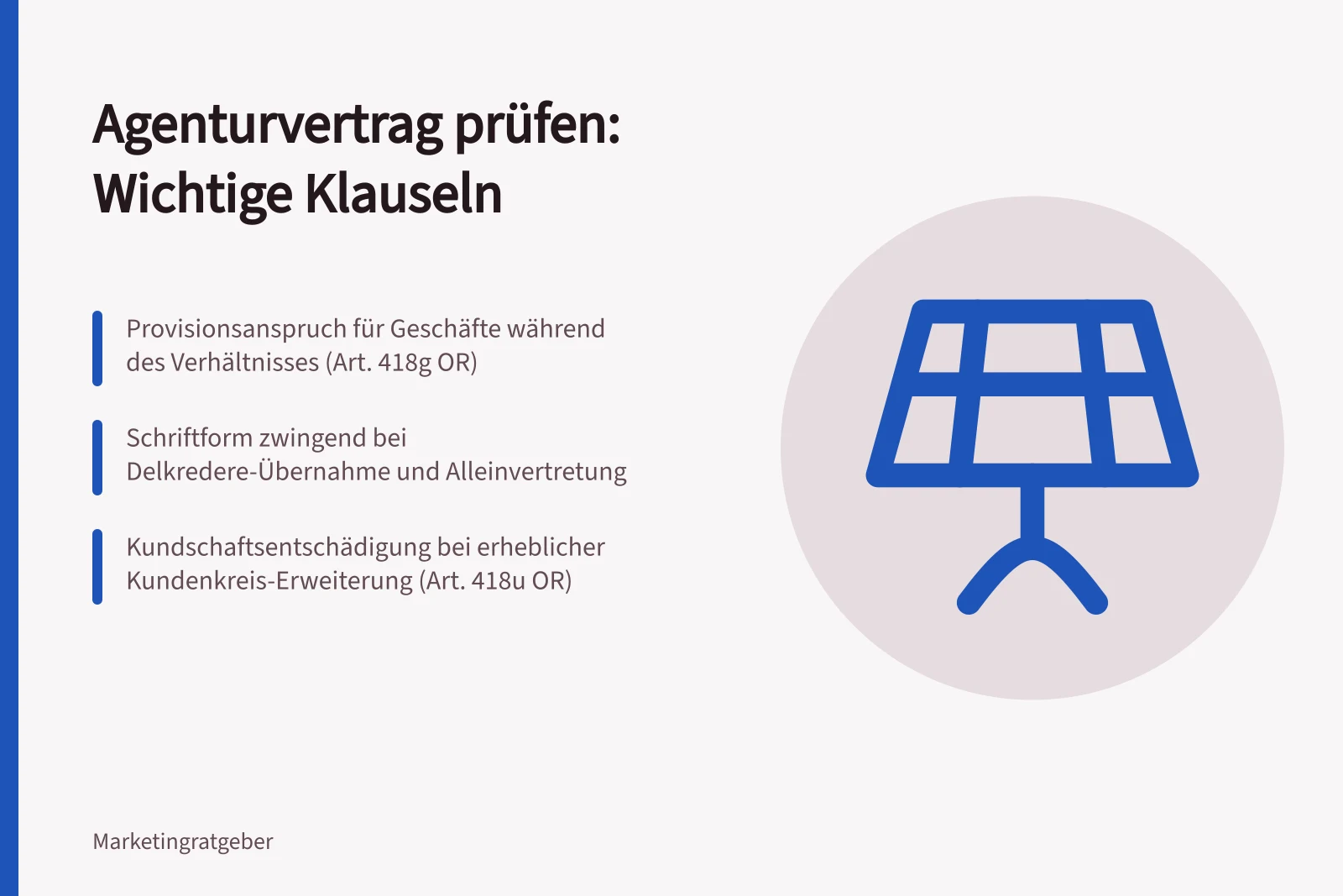 Agenturvertrag prüfen: Wichtige Klauseln: Provisionsanspruch für Geschäfte während des Verhältnisses (Art. 418g OR); Schriftform zwingend bei Delkredere-Übernahme und Alleinvertretung; Kundschaftsentschädigung bei erheblicher Kundenkreis-Erweiterung (Art. 418u OR)